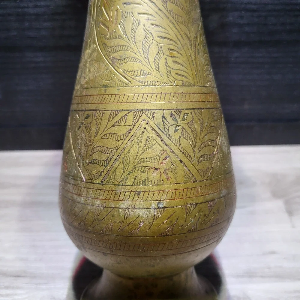 Brass Antique Vase Etched Vintage Solid Indian India Made Engraved Design Vtg